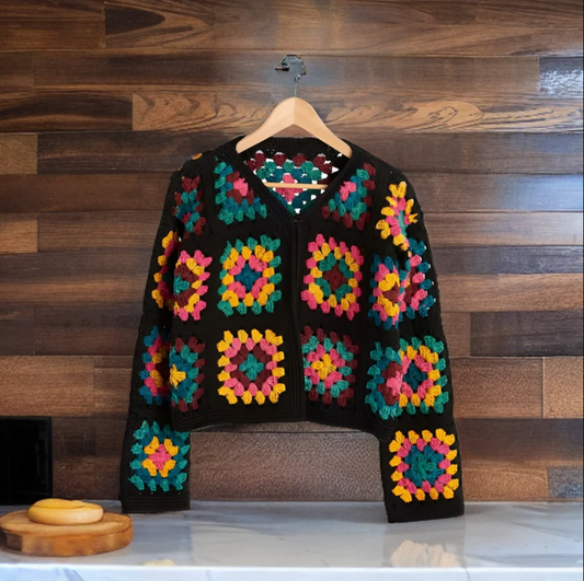 🖤 Black Granny Square Crochet Jacket  pattern🧶